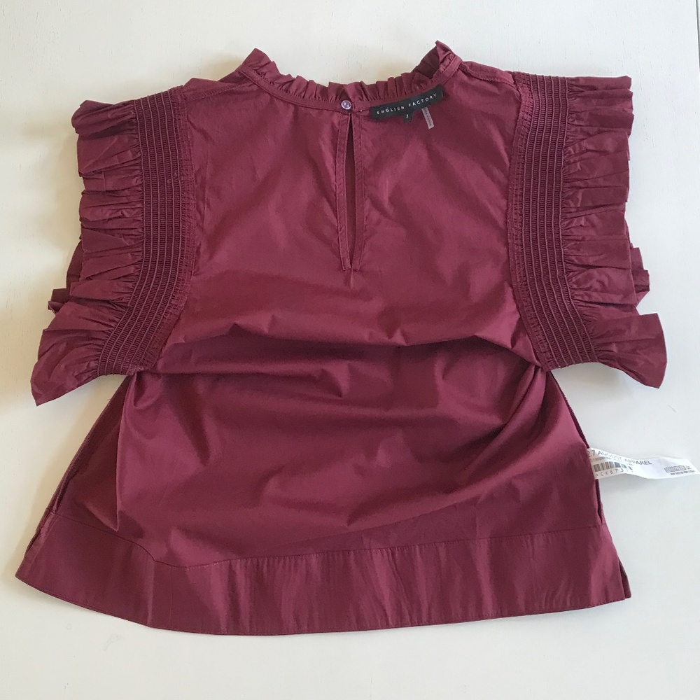 ENGLISH FACTORY BURGUNDY RUFFLE SLEEVE POPLIN TOP - Picture 7 of 12